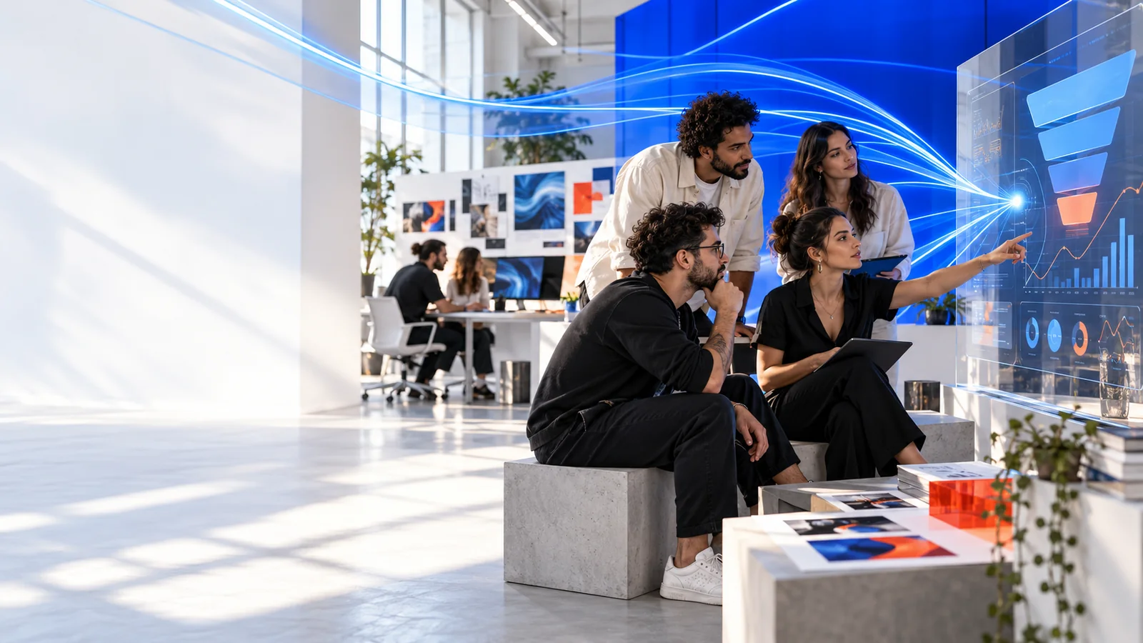 Equipe de agência analisando campanhas e dados em ambiente digital