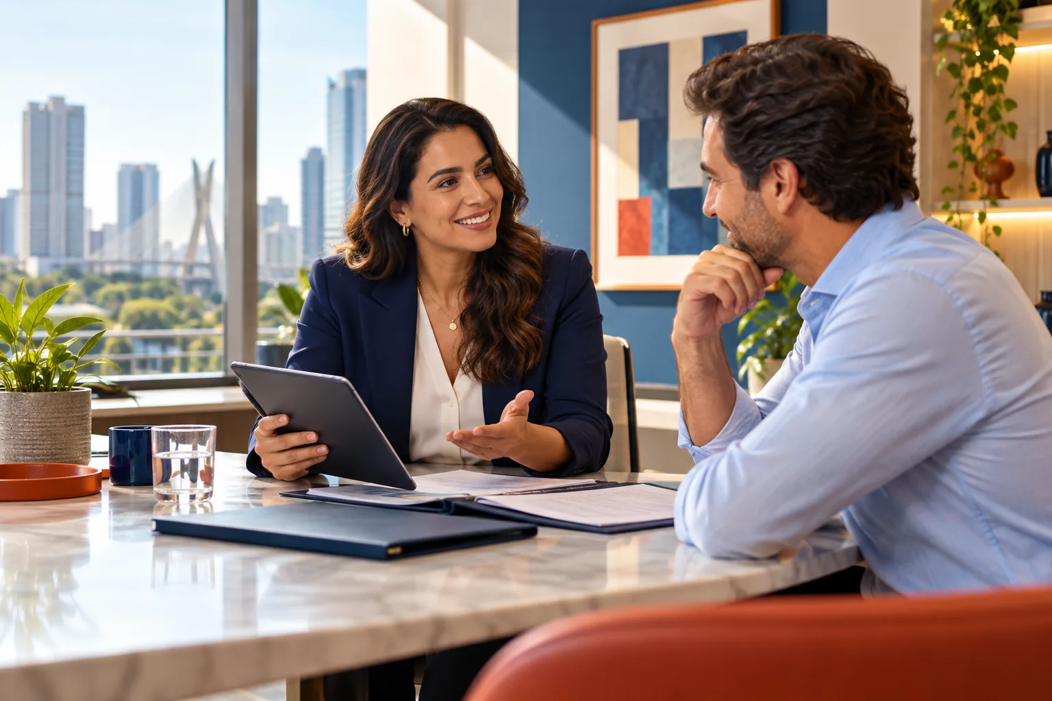 Consultora de seguros em conversa com um cliente