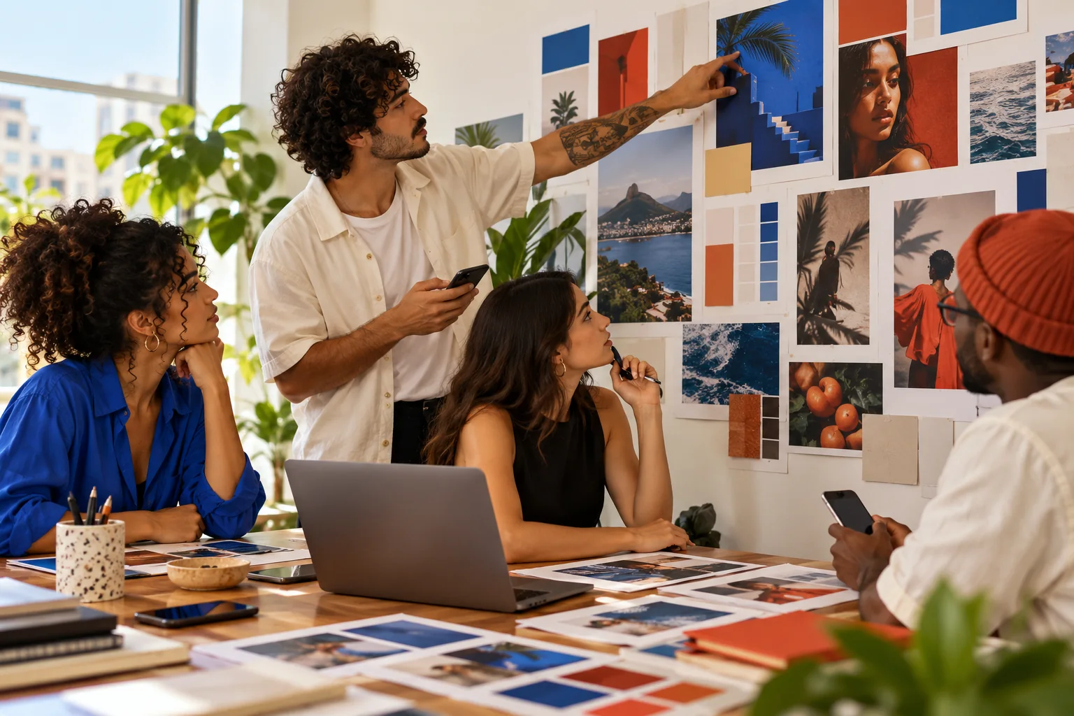 Equipe planejando conteúdos e campanhas em um estúdio criativo